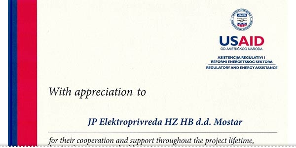 Elektroprivredi HZHB zahvalnica USAID-a zahvalnica
