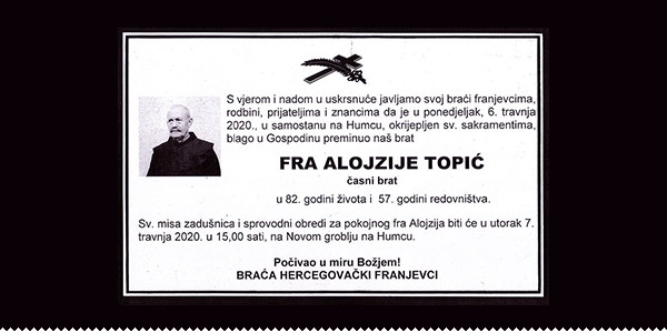 Preminuo fra Alojzije Topić ljubuski.info